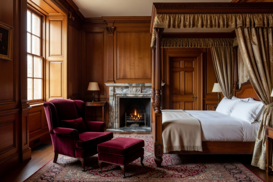 Classic luxury London hotel suite interior with polished woodwork