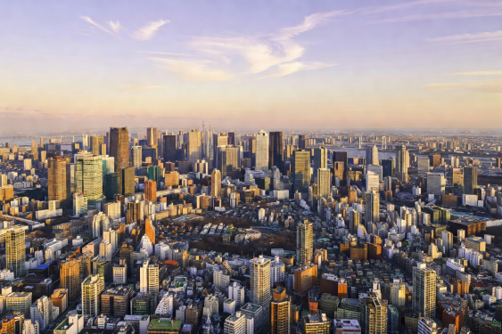 Panoramic Tokyo skyline viewed from high rise suite window