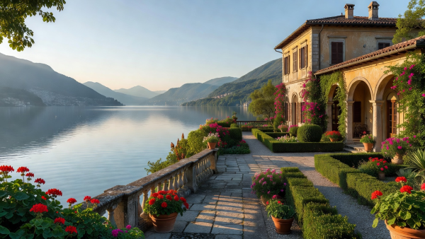 Italian historic architectural villa along the tranquil waters of Lake Como