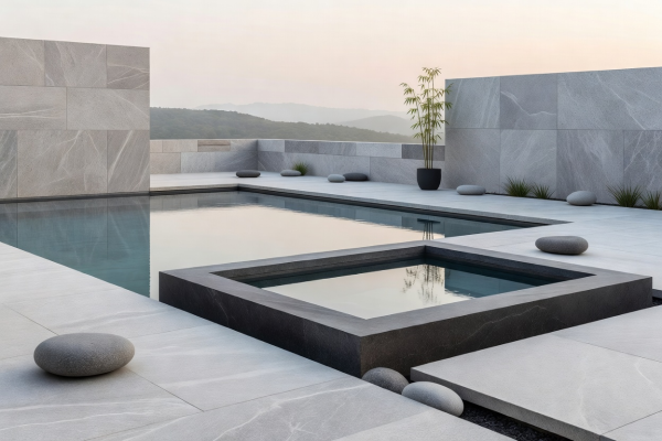 Minimalist tranquil stone spa and pool area
