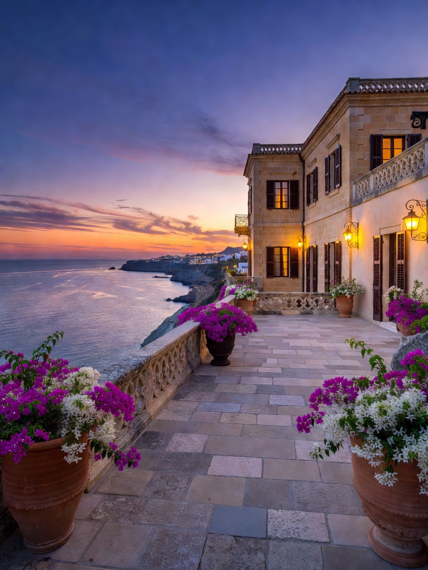 Palatial terrace overlooking Mediterranean coastline at twilight