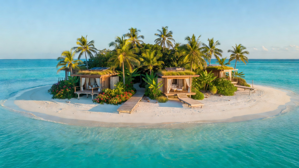 Tropical overwater boardwalk leading to private island lagoon in Baa Atoll